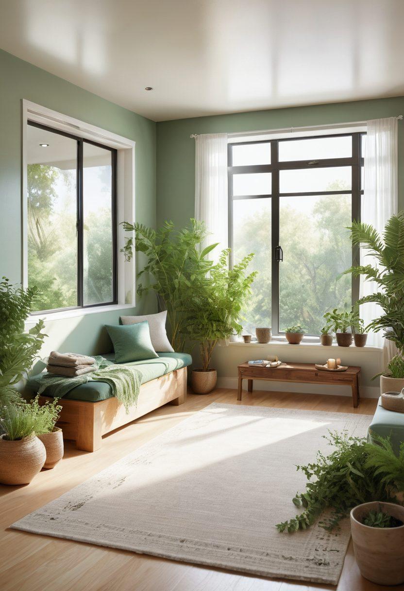 A serene healing space filled with natural light, featuring a diverse group of people engaged in mindfulness practices, herbal remedies, and gentle exercise. Include elements like green plants, crystals, and holistic health tools, symbolizing hope and recovery. The atmosphere should evoke a sense of tranquility and unity in the journey of cancer care. soft focus. calming color palette. 3D.