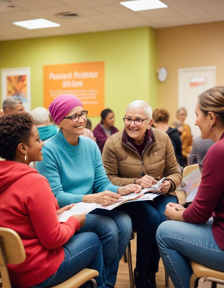 A diverse group of people of different ages and backgrounds interacting in a warm and inviting community center, sharing resources, emotional support, and advocacy tools for cancer patients. Include elements like pamphlets, supportive posters, and cozy seating arrangements. Bright, hopeful atmosphere with soft lighting symbolizing hope and resilience. super-realistic. vibrant colors. warm tones.
